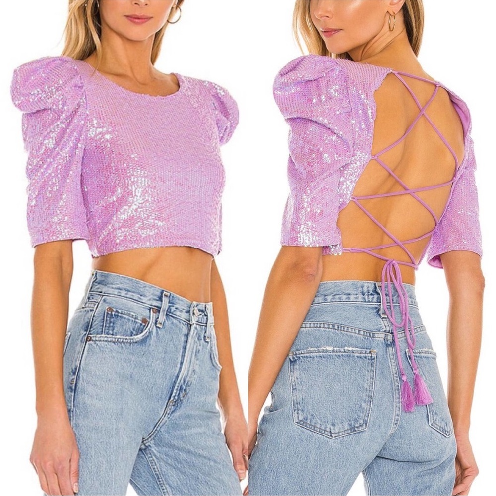 Free‎ People Miami Moon Sequin Glitter Lace Up Back Crop Top Sz S Party Event